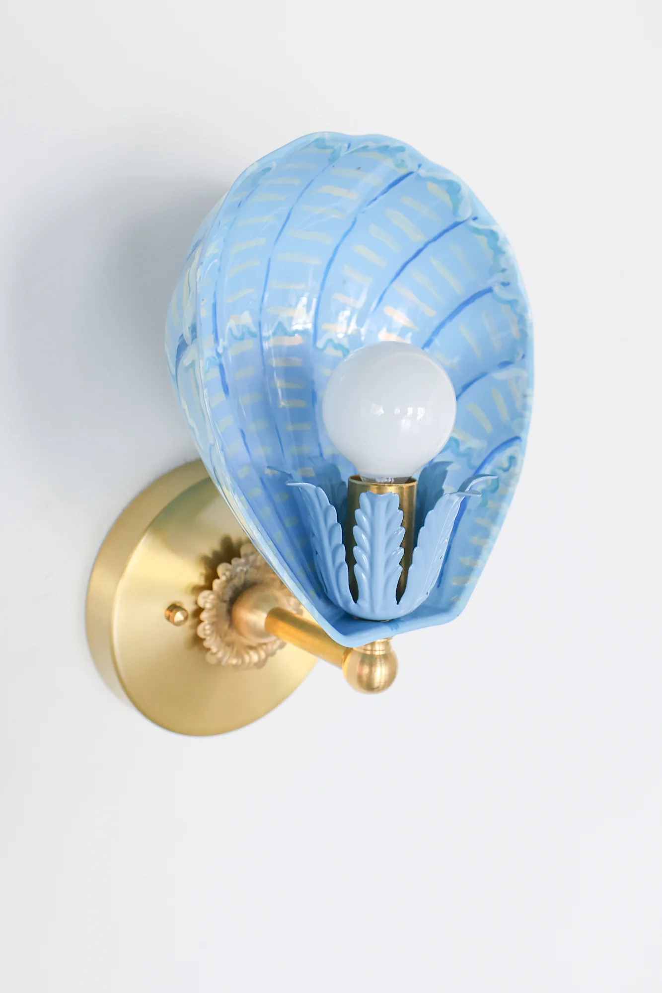 Celestial Blue & Brass Hand-Painted Coquille Sconce: One of One - Image 6