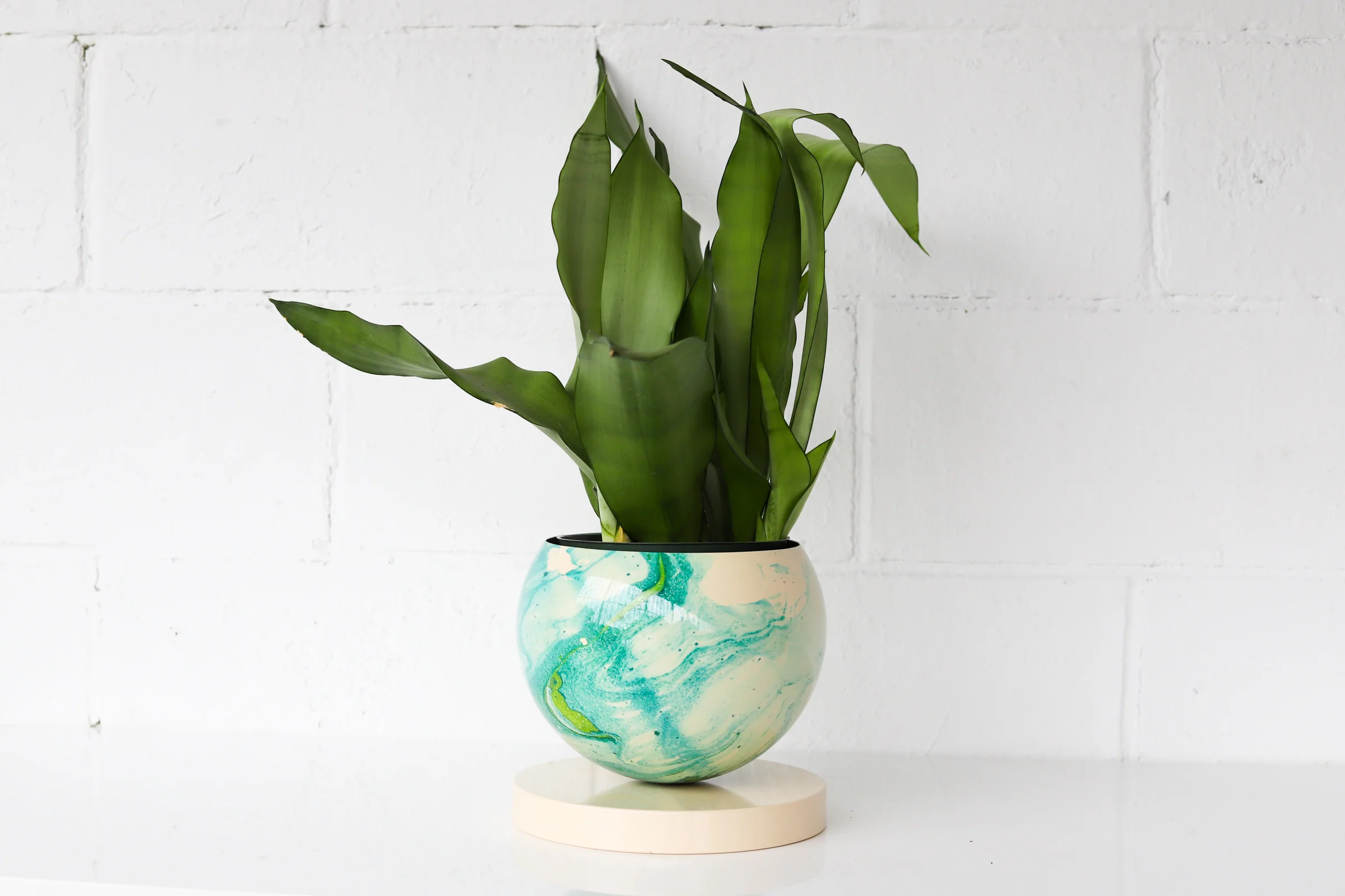 Large Cream, Teal, & Chartreuse Marbled Planter with Cream Base - Image 4