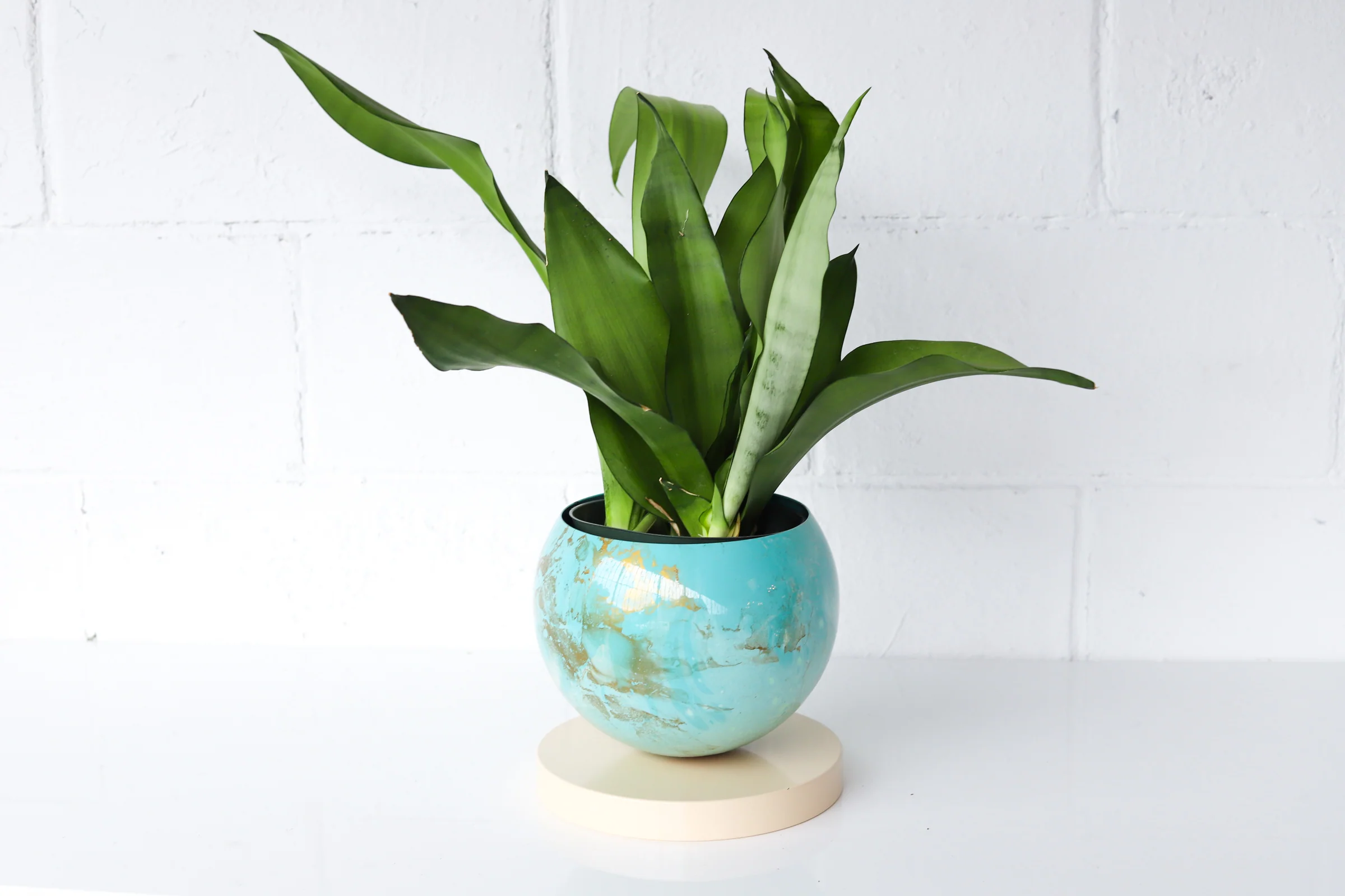 Large Teal, Aqua, Cream, & Gold Marbled Planter with Cream Base - Image 7