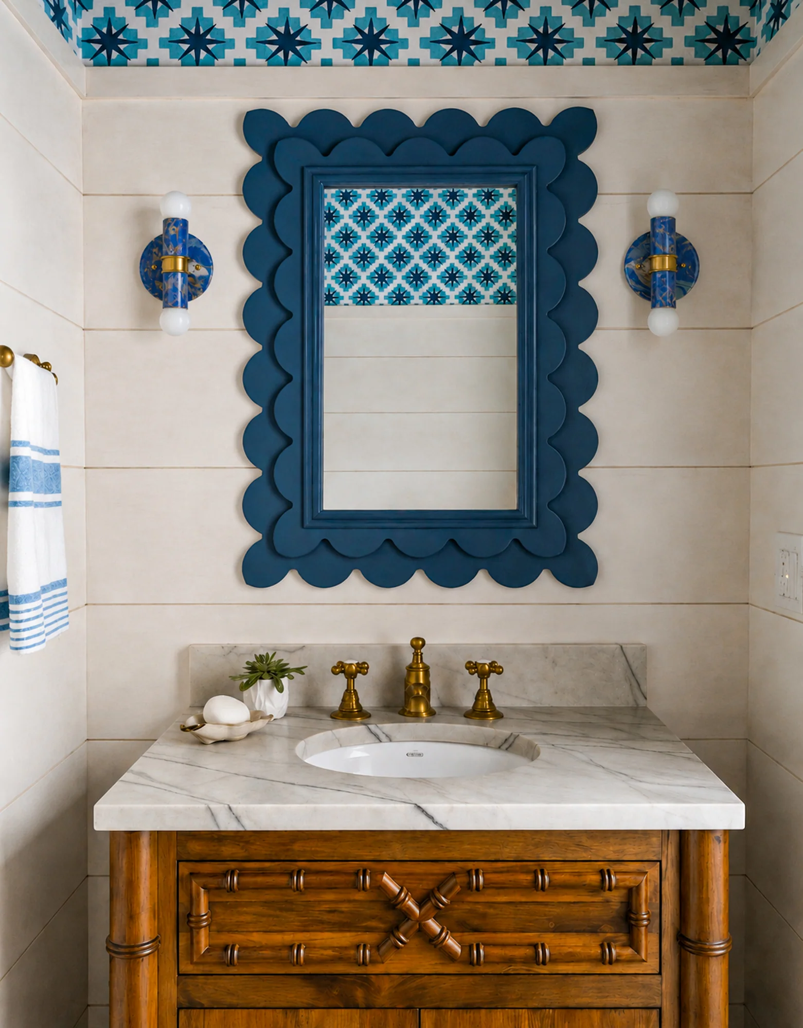 Mediterranean Blue, Cream, & Gold Marbled Small Thalia Sconces - Image 6