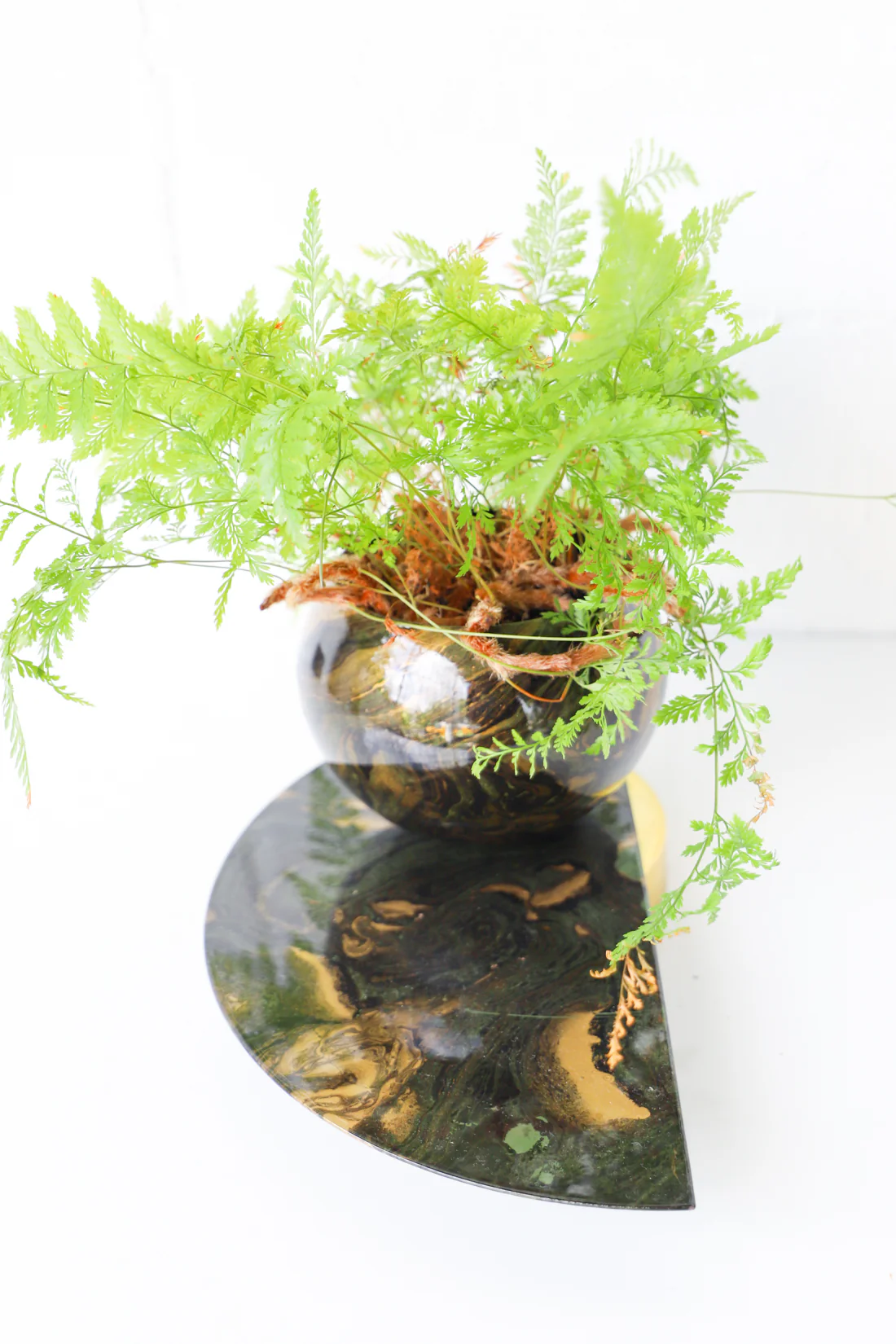 Olive Green, Gold, & Black Marbled Demilune Planter - Image 3