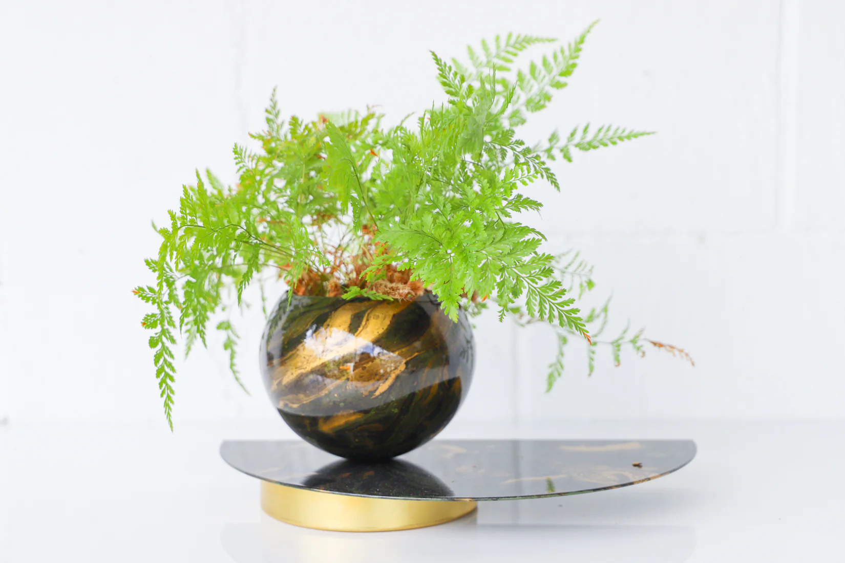 Olive Green, Gold, & Black Marbled Demilune Planter - Image 4