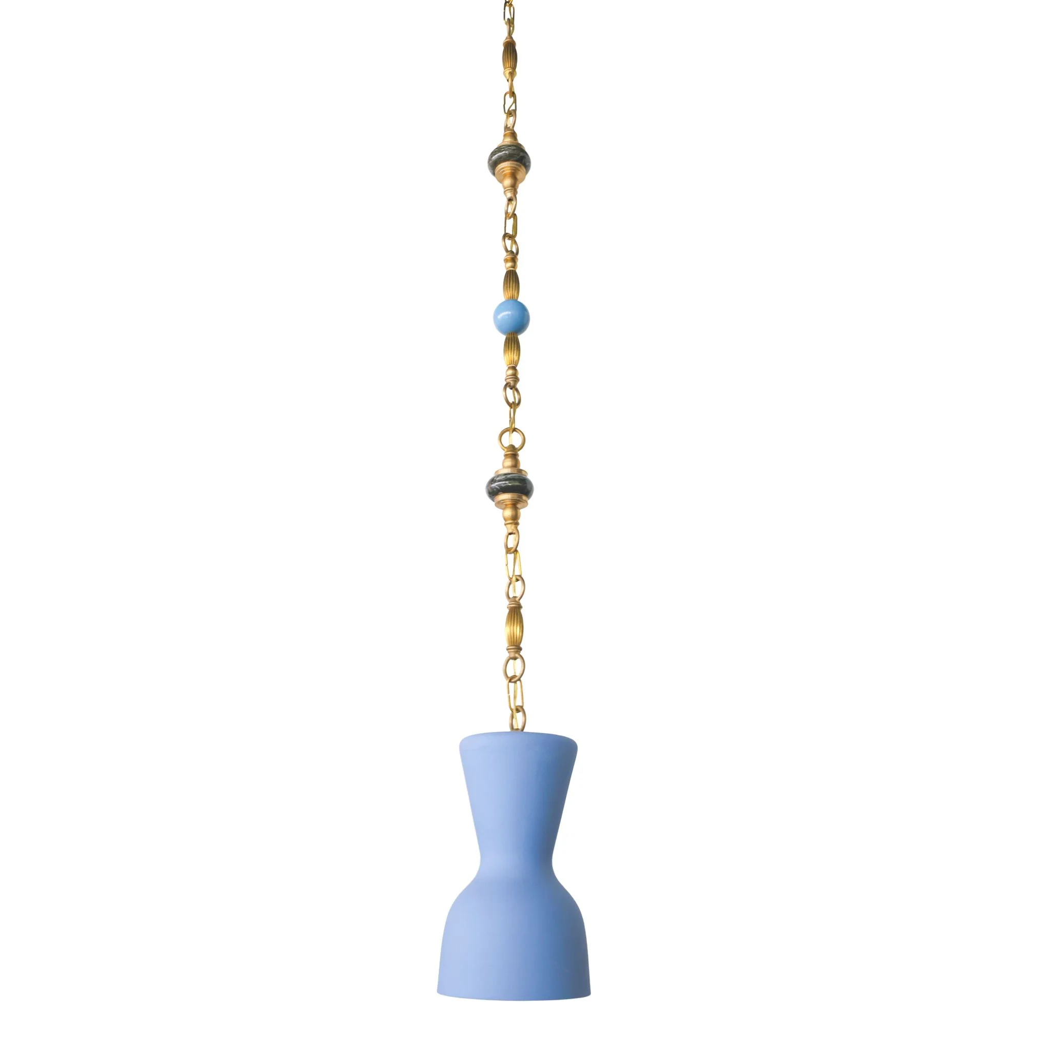 Pastel Blue, Green Marble, and Brass Beaded Pendant Light - One of One