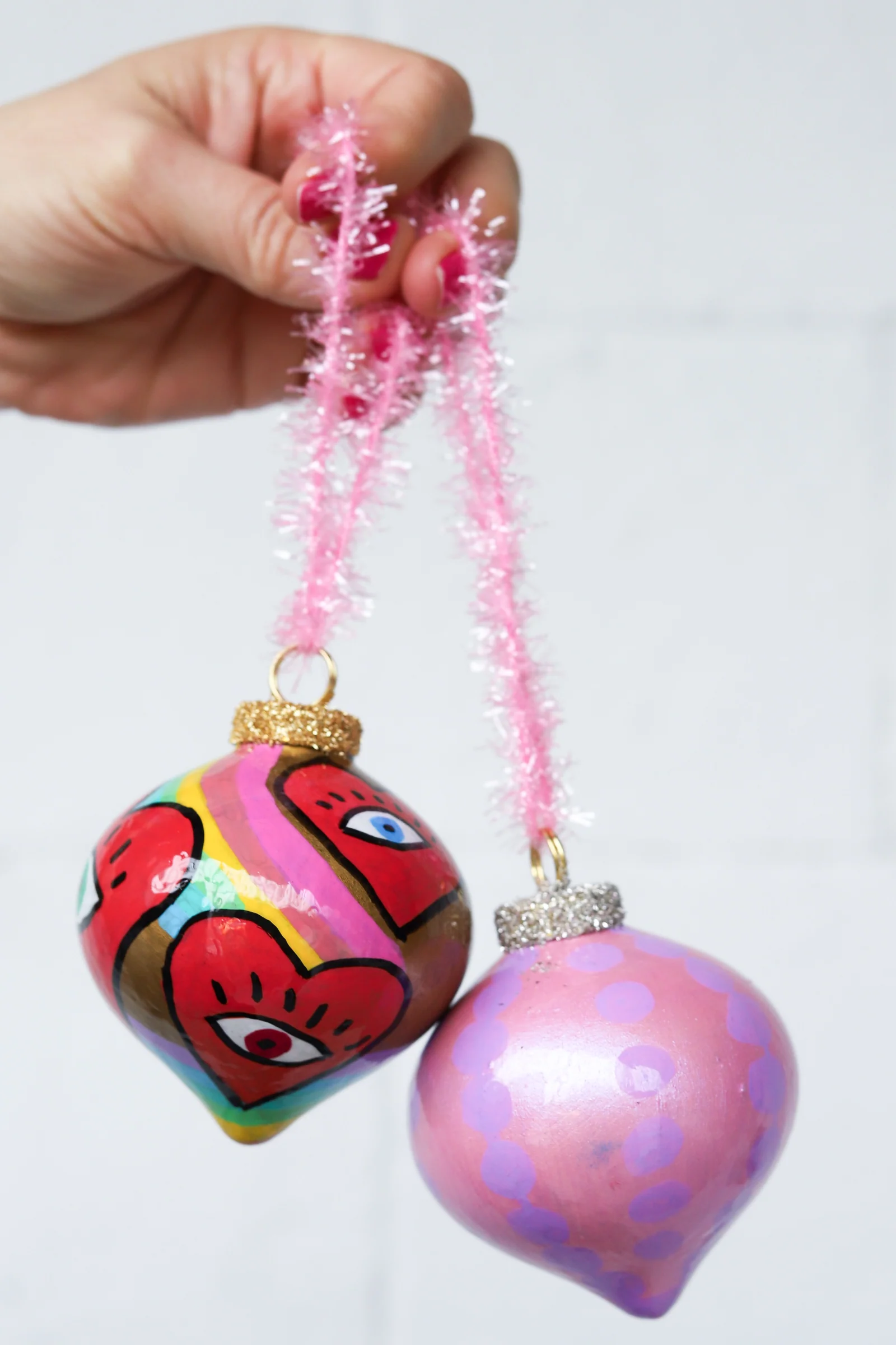 Pink & Purple Dot & Rainbow Heart Eyes Painted Ornaments Set - Image 6