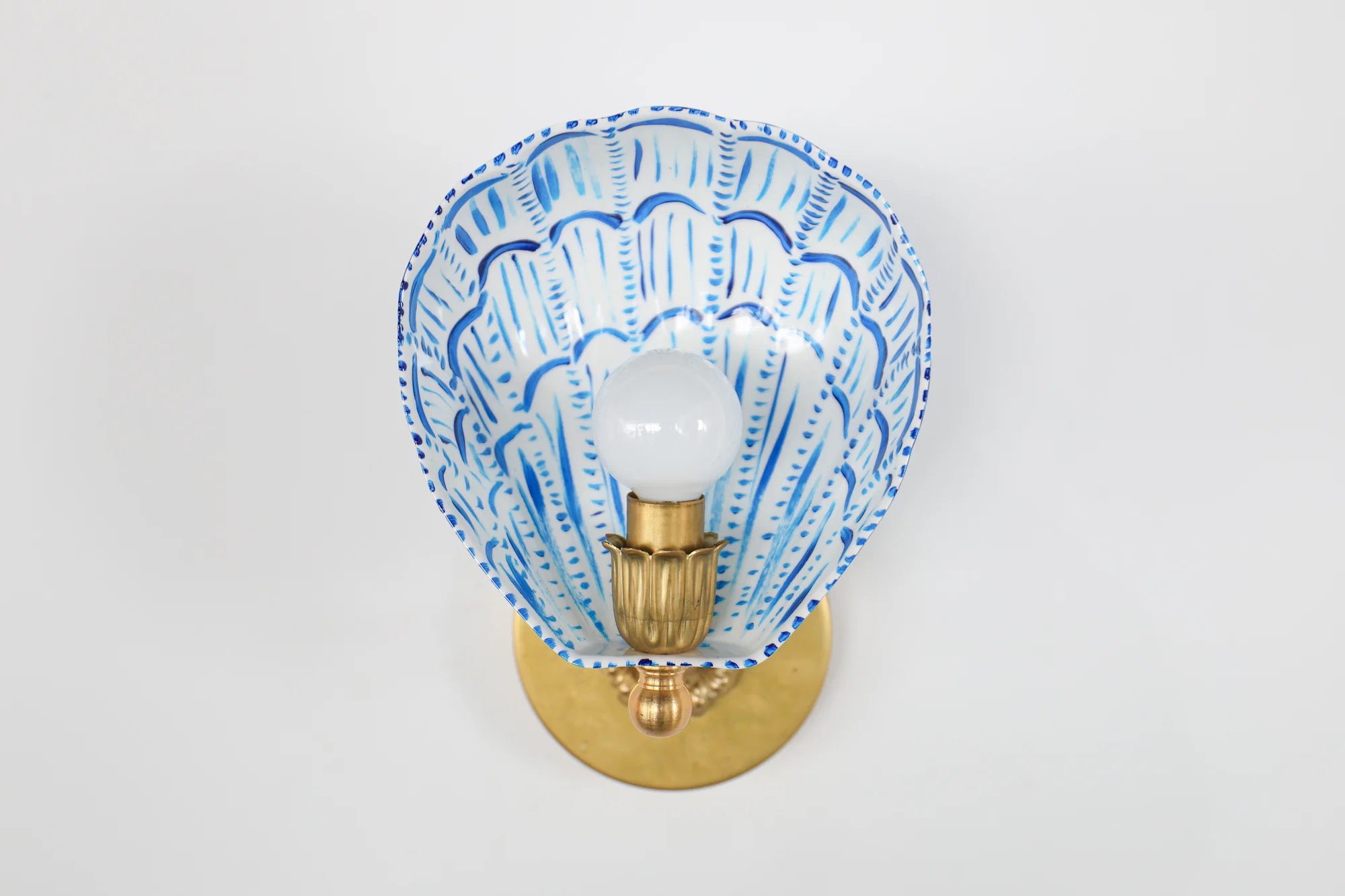White, Blue, & Brass Hand-Painted Coquille Sconce: One of One - Image 14
