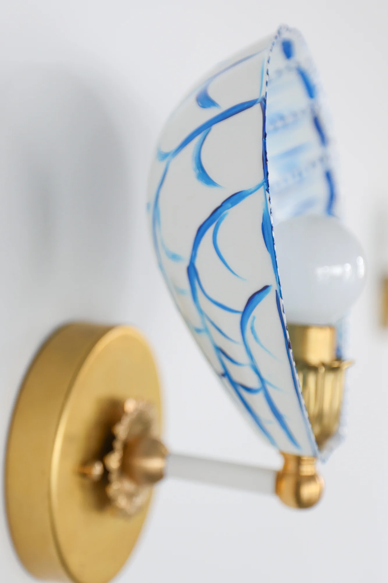 White, Blue, & Brass Hand-Painted Coquille Sconce: One of One - Image 5